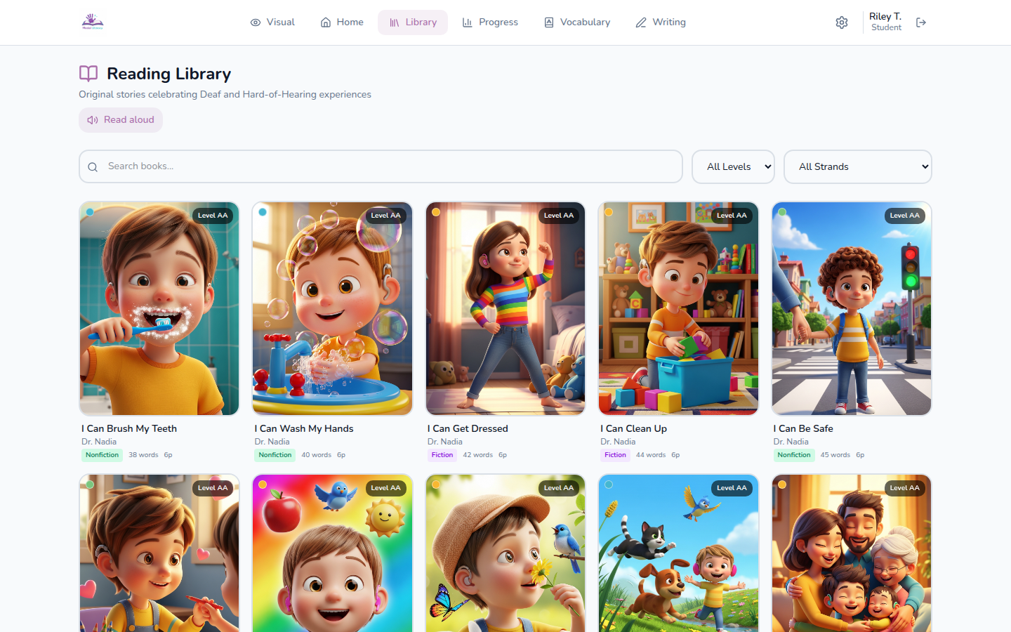 Modal Literacy reading library with illustrated leveled books and search filters